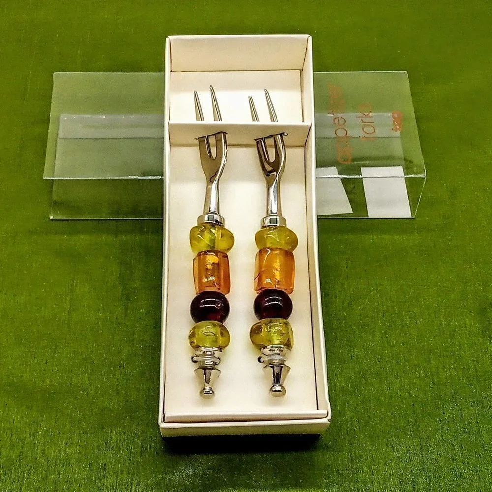 TAG Glass Bead Silver 2-Pc. Appetizer Fork Set NIB